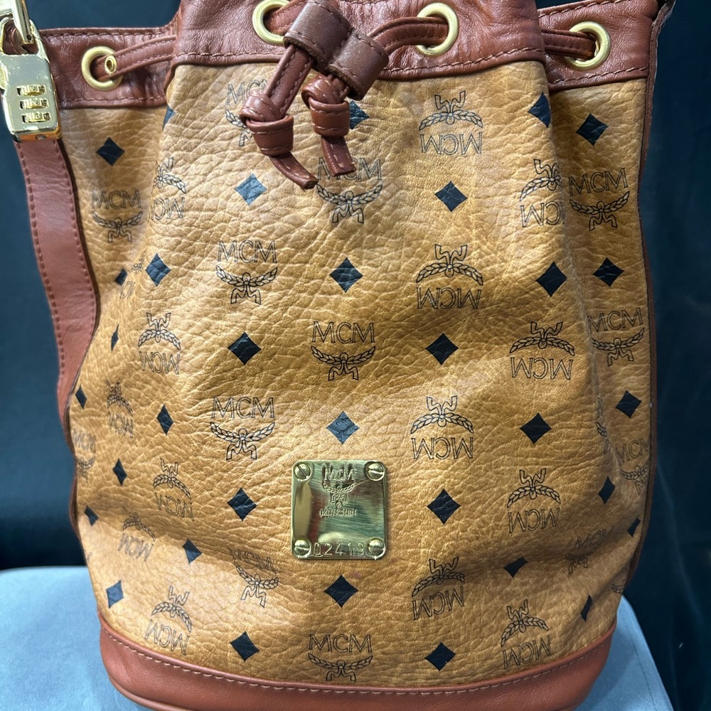 MCM Brown and Tan Logo Bucket Bag
